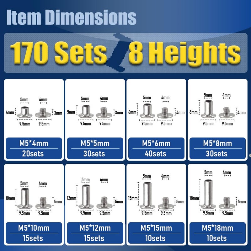 ArcNascency Store 170 Sets Silvery Chicago Screws Leather Rivets Kit, 8 Sizes (M5*4,5,6,8,10,12,15,18) & 3 Screw Lengths (M4*3,4,5) for Belts, Bookbinding, DIY Leather (Silvery) - Image 2